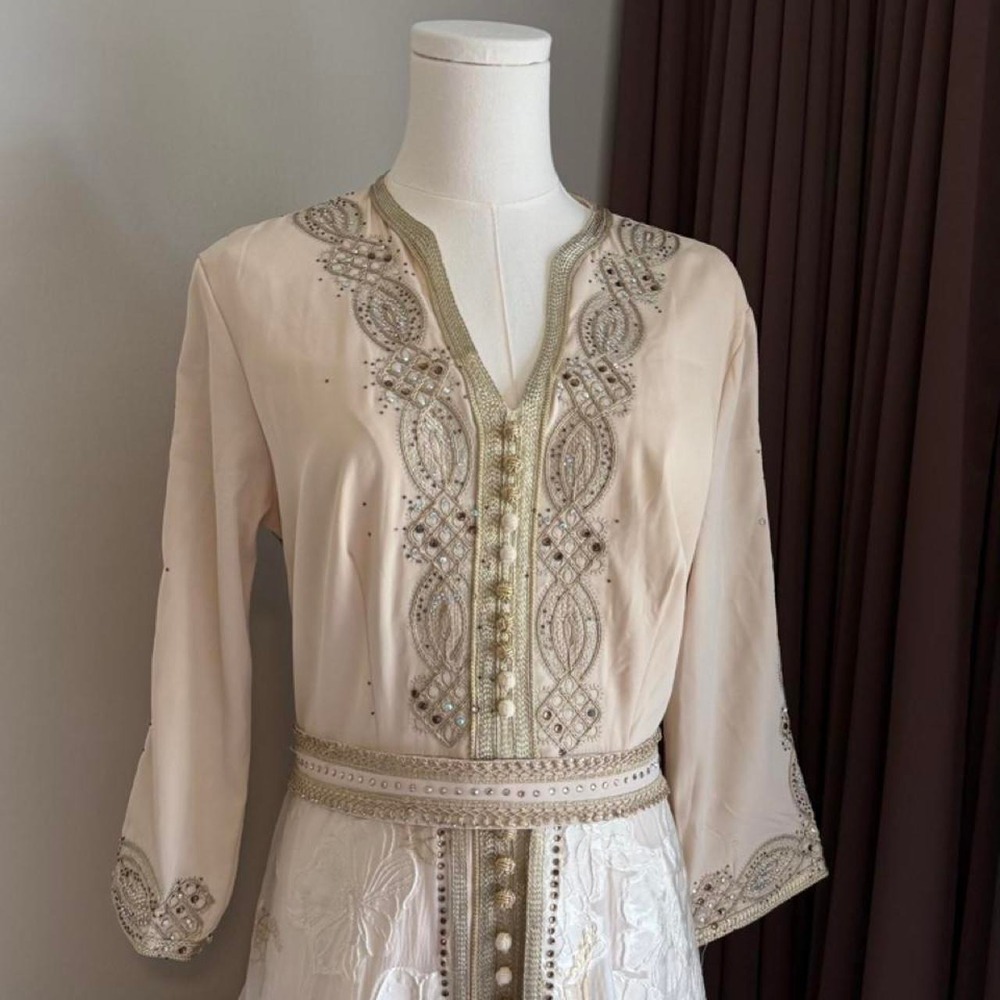 Kaftan Cream White Embroidered Maxi Dress Gold Trim Beadwork Modest Gown